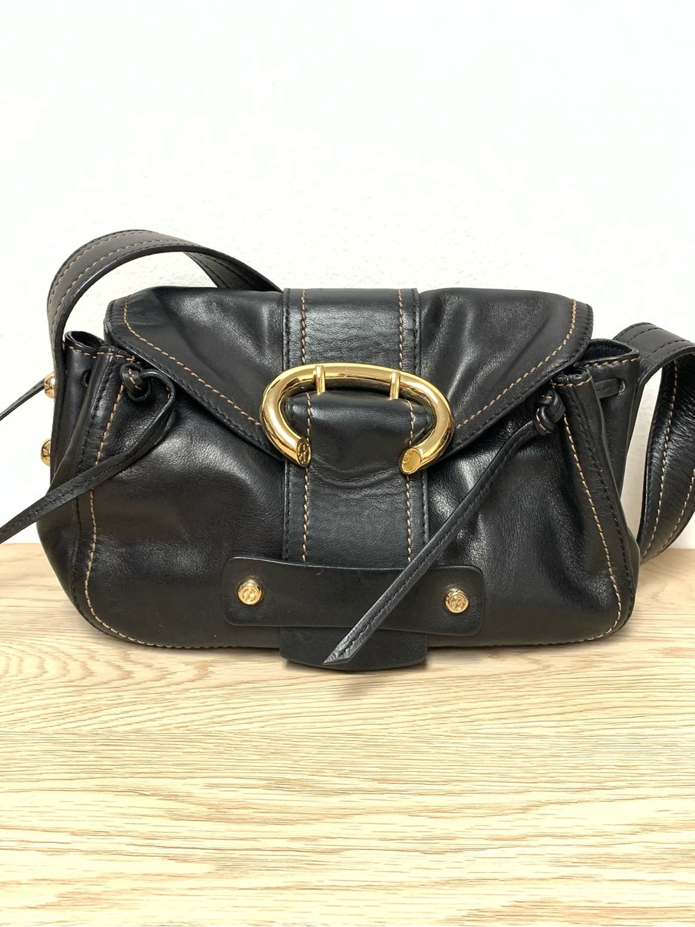 Francesco Biasia Y2K Shoulder Bag Black Leather Gold Buckle Vintage 2000s Purse